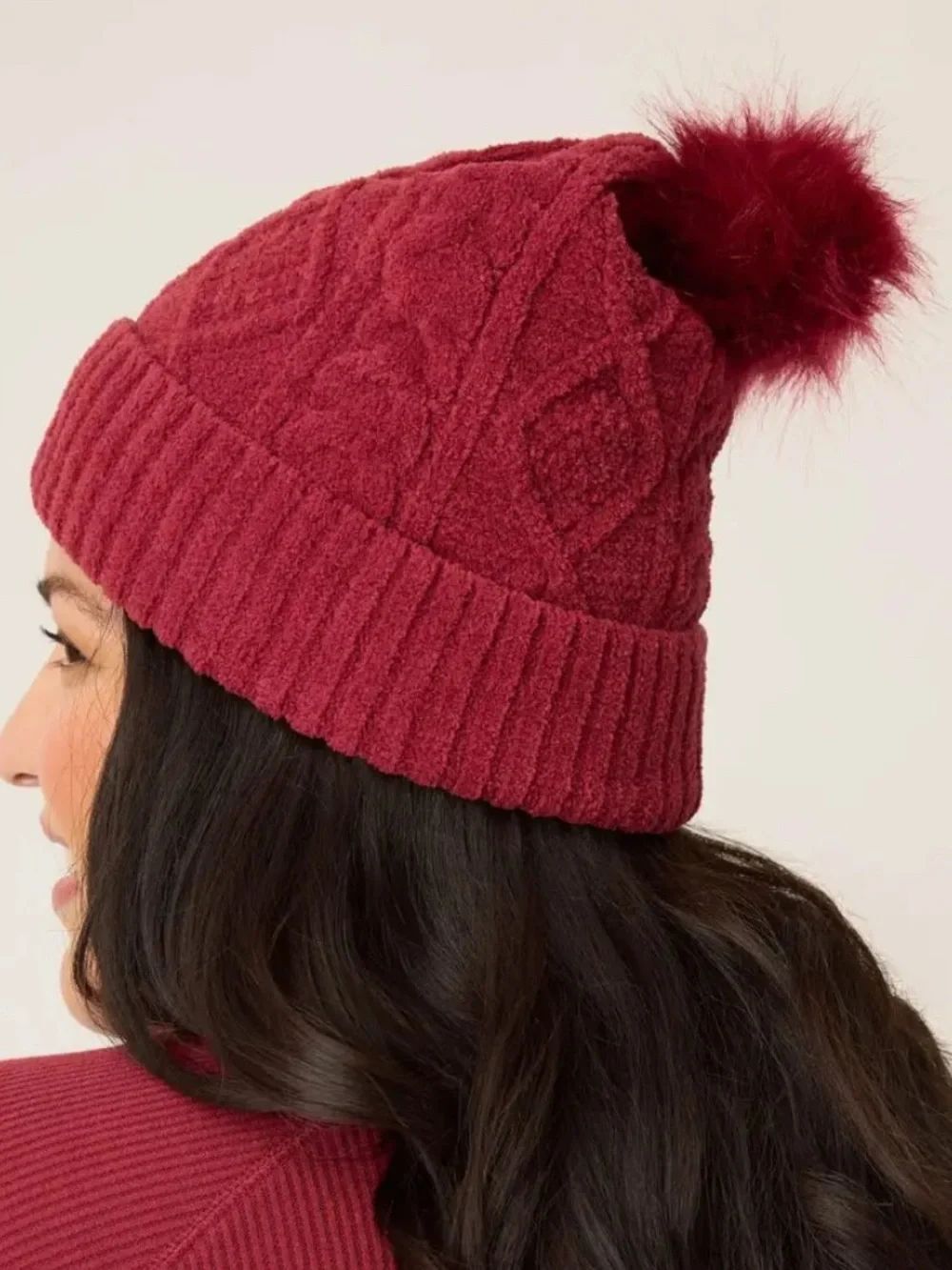 PJ SALVAGE Chenille Cable Knit Beanie With Faux Fur Pom in Ruclbe Port!